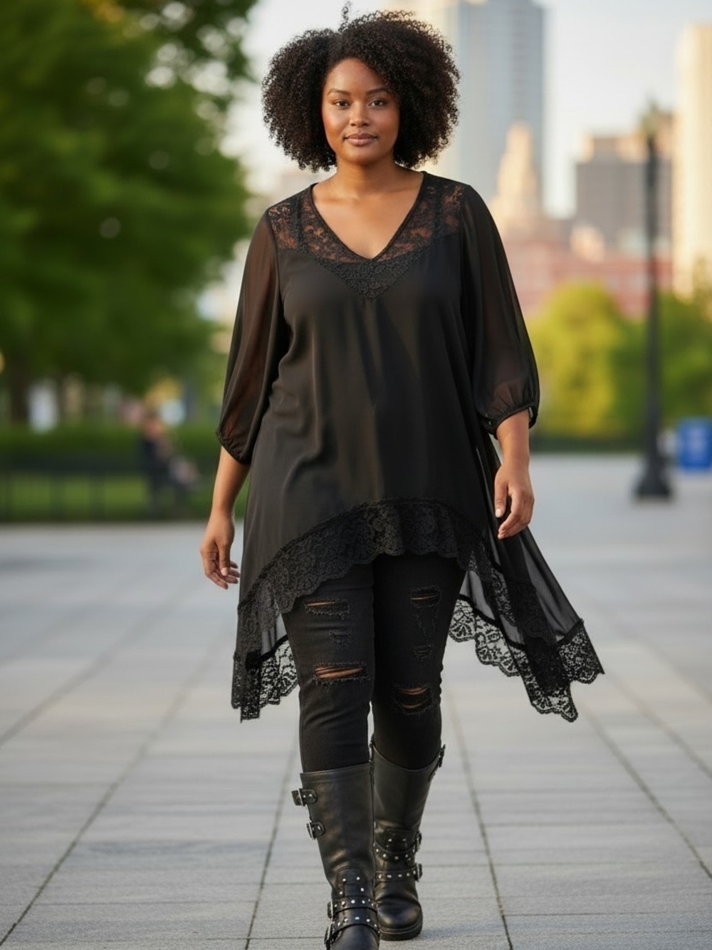 Pretty Angel Black Lace Tunic Top Large Boho Fairy Grunge Asymmetrical Sheer